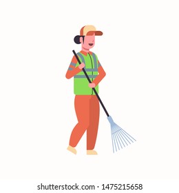 female street cleaner holding rake woman janitor sweeping raking garbage city streets service concept full length flat white background