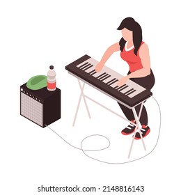 Female Street Musician Playing Keyboard Outdoors With Amplifier 3d Isometric Vector Illustration