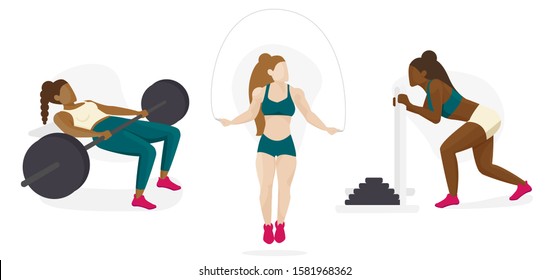 Female Strength Training Athlete, Body Builder Character Icon Set, Multicultural Diversity Concept	