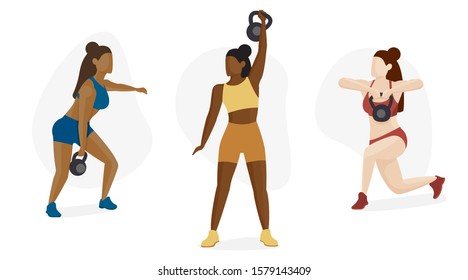 Female Strength Training, Body building Athlete Character Icon Set, Multicultural Diversity Concept