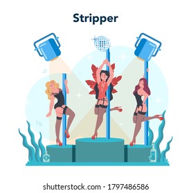 Female stripper concept. Pole dancing girl in club, stripper posing and dancing for people. Isolated vector illustration