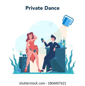 Concepto de stripper femenina. Niña bailarina de tubo en el club, rastrista posando y bailando para la gente. Ilustración vectorial aislada