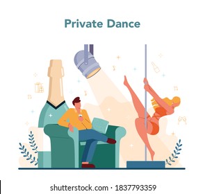 Female stripper concept. Pole dancing girl in club, stripper posing and dancing for people. Private dance order. Isolated vector illustration