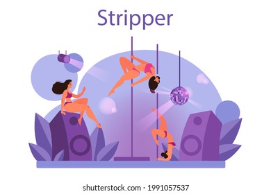 Konzept des weiblichen Strippers Pole tanzende Frau im Club, Stripper posieren und tanzen für Menschen. Einzelne Vektorgrafik