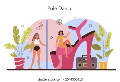 Konzept des weiblichen Strippers Pole tanzende Frau im Club, Stripper posieren und tanzen für Menschen. Einzelne Vektorgrafik