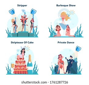 Female stripper concept set. Pole dancing girl in club, stripper posing and dancing for people. Isolated vector illustration