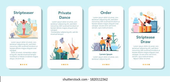 Female stripper mobile application banner set. Pole dancing girl in club, stripper posing and dancing for people. Private dance order. Isolated vector illustration