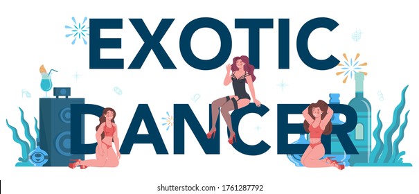 Female stripper typographic header concept. Pole dancing girl in club, stripper posing and dancing for people. Isolated vector illustration