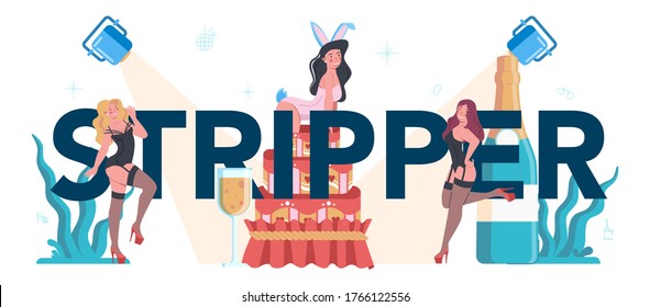concepto de encabezado tipográfico de stripper femenino. Niña bailarina de tubo en el club, rastrista posando y bailando para la gente. Ilustración vectorial aislada