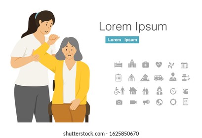 Female Stroke Patient Doing Arm Range Of Motion Exercise Activity With Female Physical Therapist Cartoon Character Design With Icon Set