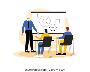 Female student asking professor while taking science class on campus, school vector illustration.