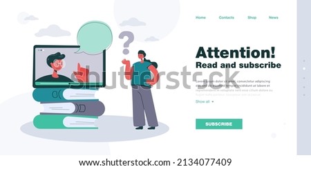 Female student asking question online. Tiny character standing with question mark, receiving answer information from man on phone screen flat vector illustration. FAQ, distance education concept