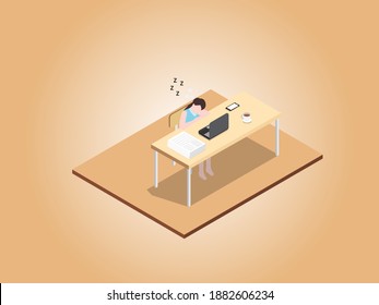 Female student asleep while working isometric 3d vector concept for banner, website, illustration, landing page, flyer, etc.