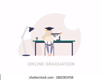 Female student attending a Graduation 2020 ceremony via video call.