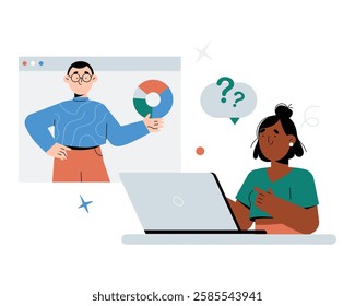 Female Student Attending Online Lecture In Flat Vector Illustration Symbolizing E Learning, Virtual Education, And Remote Learning, Isolated On White Background