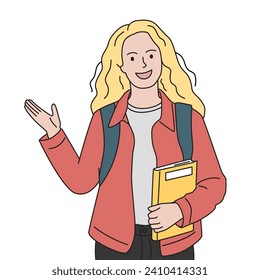Female student with backpack holding book and waving hand. Study, education and academic concept. Hand drawn vector illustration