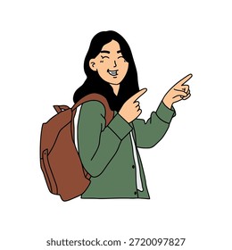 Estudiante femenino con la ilustración de la dirección que apunta de la mochila