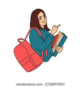Estudiante femenino con la ilustración de la dirección que apunta de la mochila