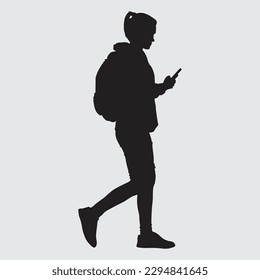 female student with a backpack walking and looking into a mobile phone isolated on vector illustration