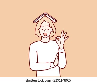 Female student balancing books on head. Hand drawn style vector design illustrations.