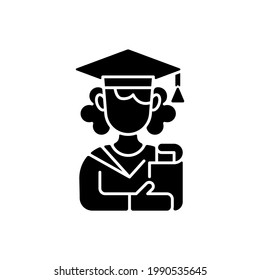 Female student black glyph icon. Young adulthood. Late adolescence. Establishing oneself as independent person. Emotional stability. Silhouette symbol on white space. Vector isolated illustration