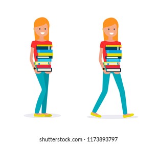 Female student with books stack, holding her homework, vector illustration. Standing and walking postures.  