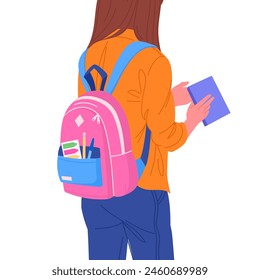 Female student carrying backpack. Girl with backpack back view, teenage girl wearing school bag flat vector illustration. Young woman with backpack