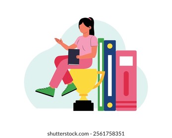 a female student is carrying a book and is sitting on a trophy, behind her are some large books
design, vector, illustration