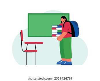 a female student is carrying a stack of books for her classmates, her seat is in front of the blackboard.
design, vector, illustration