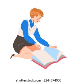 Female Student Character Learning Sitting on the Floor with Open Book Vector Illustration