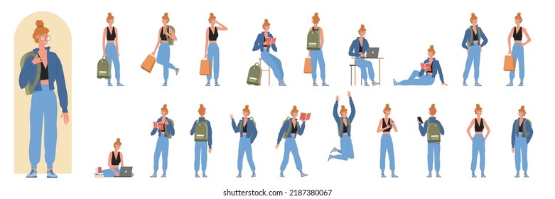 Female student character poses and actions set vector illustration. Cartoon girl studying, teenager sitting at table with laptop, walking with book and school bag and smiling isolated on white