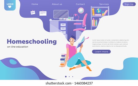 Female Student character study on-line. Can use for web banner, infographics, hero images, landing. People studying at home interior, student room. Study concept. Flat cartoon vector illustration