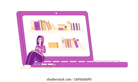 Female Student Character Wearing Headset with Tablet in Hands Sitting on Huge Laptop with Book Shelf on Screen Studying in Learning Class. Woman Education in Online Library. Linear Vector Illustration