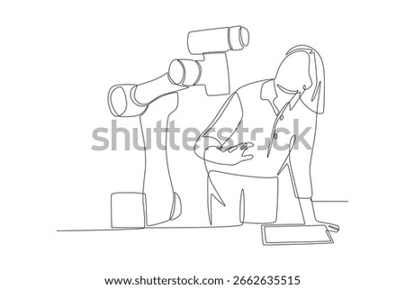 Female student checking her robotic hand project. Student working on science projects concept one-line drawing