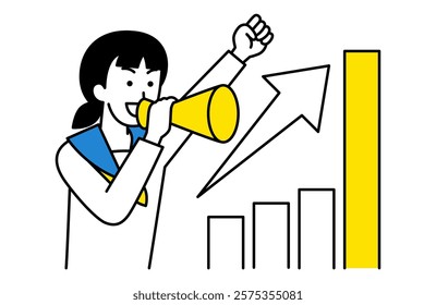Female student cheering on a growing graph with a megaphone