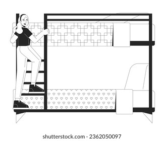 Female student climbing ladder on bunkbed flat line black white vector character. Editable outline full body person. Traveler girl in hostel simple cartoon isolated spot illustration for web design