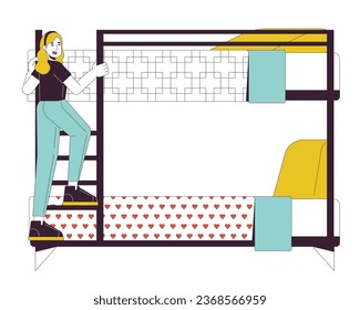 Female student climbing ladder on bunkbed flat line color vector character. Editable outline full body person on white. Traveler girl in hostel simple cartoon spot illustration for web graphic design