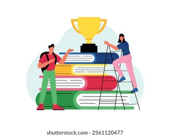 The female student is climbing the stairs she wants to hold the trophy on top of the big book, there is also her male friend he is also looking at the trophy.
design, vector, illustration