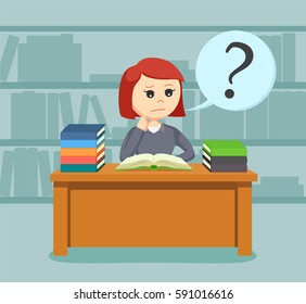 female student confused while reading a book