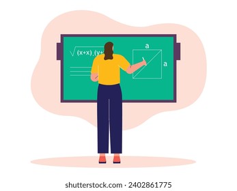 Female student doing mathematics task on chalkboard, classroom lesson. Character design. Vector flat illustration