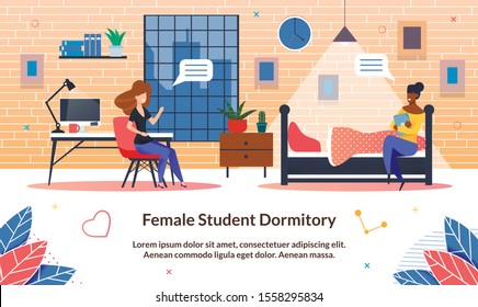 Female Student Dormitory, Vector Illustration. Comfortable Accommodation While Studying at University, Slide. Girl Sits at Table with Laptop and Tells her Friend Sitting on Bed, Cartoon.