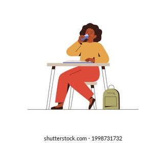 Female student drinks water from a glass with pleasure. African American school girl quenching thirst at home or in classroom. Concept of healthy lifestyle and prevention of dehydration. Vector illust