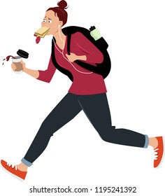 Female Student Eating On The Run, With No Time For A Proper Breakfast, EPS 8 Vector Illustration
