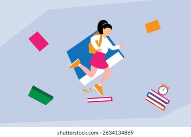 a female student energetically climbing a staircase made of books, symbolizing the journey of education and the pursuit of knowledge vector illustration