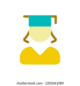 Female student flat color ui icon. Graduate girl. Alumna of school, university. Former pupil. Simple filled element for mobile app. Colorful solid pictogram. Vector isolated RGB illustration