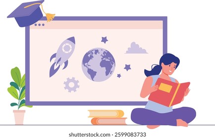 Female Student Gathering Astrophysics Knowledge