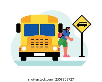 female student getting off the school bus, she got off at the bus stop near her house.
design, vector, illustration