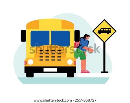 female student getting off the school bus, she got off at the bus stop near her house.
design, vector, illustration