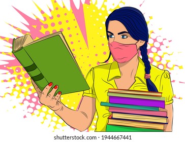 Female student, girl carrying a stack of books and reading, wearing face mask. College University or High School schoolgirl. Comic book style vector illustration education concept.