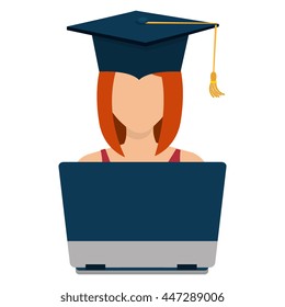 Female student graduation avatar over white background, vector illustration.